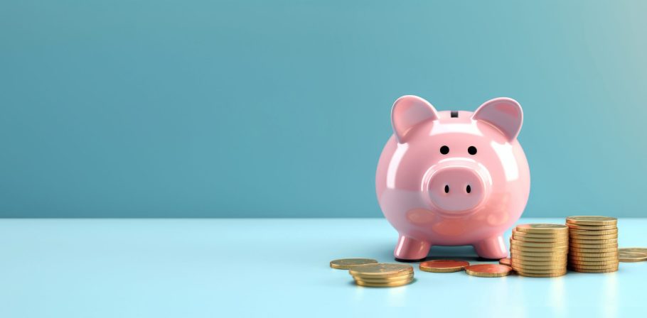 Pink pig piggy bank next to a stack of gold coins, isolated on blue background. Investment success,