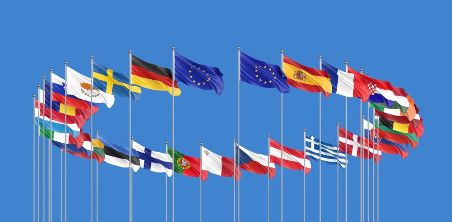 27 waving flags of countries of European Union (EU). Blue sky background. 3D illustration