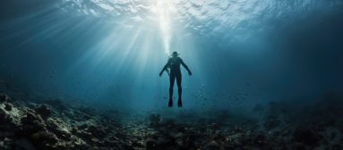 Diving lesson in open water. Scuba diver before diving into ocean. generative ai