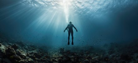 Diving lesson in open water. Scuba diver before diving into ocean. generative ai