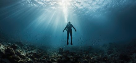 Diving lesson in open water. Scuba diver before diving into ocean. generative ai