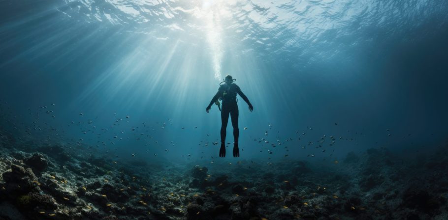 Diving lesson in open water. Scuba diver before diving into ocean. generative ai