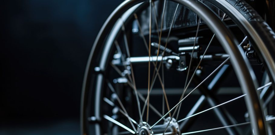 Detail of a wheelchair wheel with a dark background