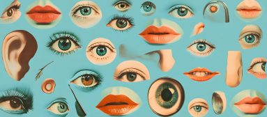 collage of various eyes, mouths, and ears in black and white on a blue background