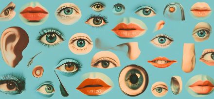 collage of various eyes, mouths, and ears in black and white on a blue background