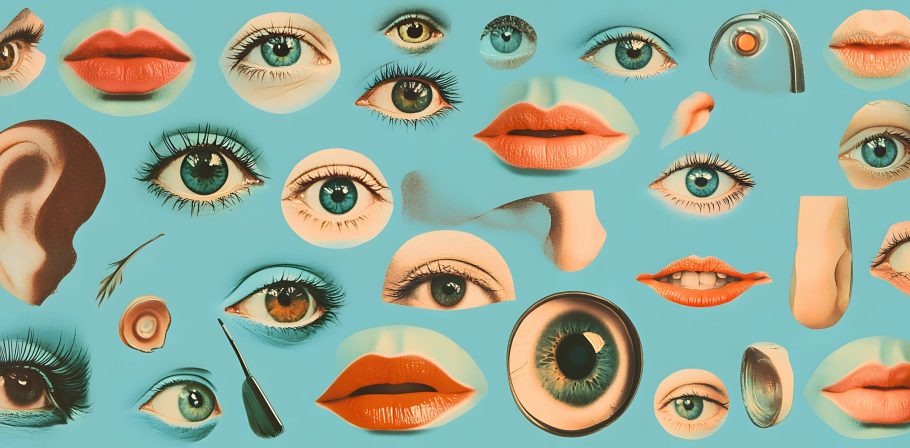 collage of various eyes, mouths, and ears in black and white on a blue background