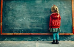 Child facing chalkboard in classroom, punished or reflective moment