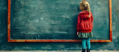 Child facing chalkboard in classroom, punished or reflective moment