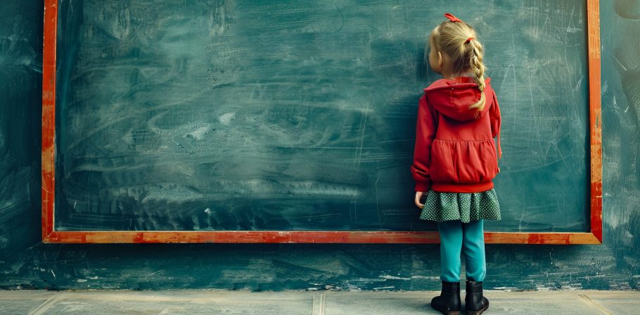 Child facing chalkboard in classroom, punished or reflective moment